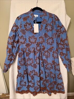 Lovelo Blue Mini Dress with Brown Floral Lace and clear Sequins